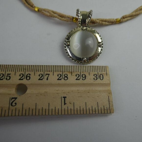 Double Two Multi Strand Beaded Necklace Faux Moonstone Silver Tone Pendant Boho - Picture 4 of 9